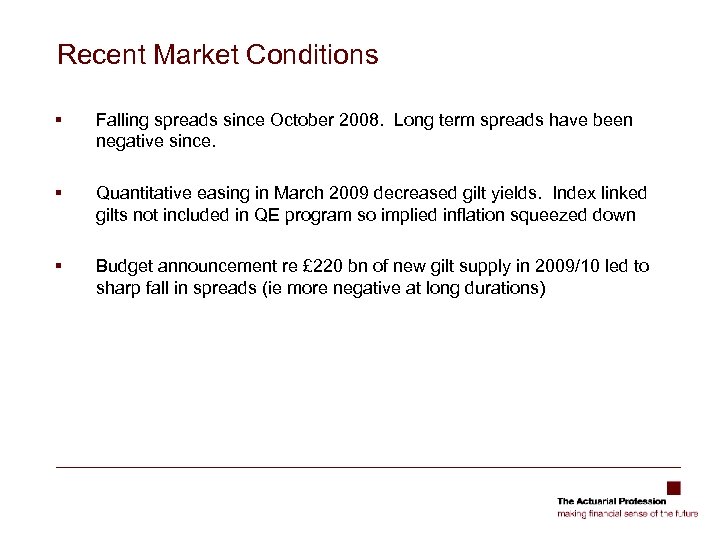 Recent Market Conditions § Falling spreads since October 2008. Long term spreads have been