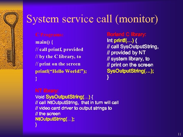 System service call (monitor) C Programs: main() { // call printf, provided // by