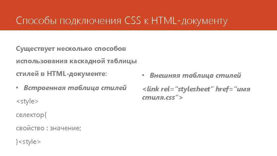 Способы подключения CSS к HTML-документу Существует несколько способов использования каскадной таблицы стилей в HTML-документе: