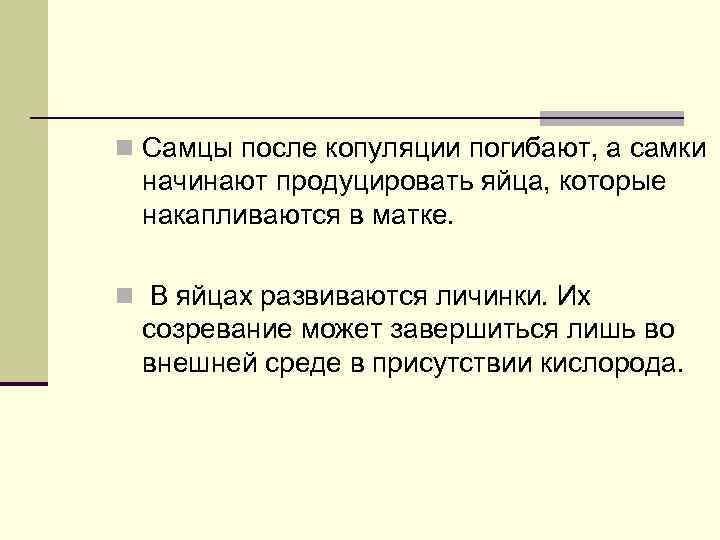 n Самцы после копуляции погибают, а самки начинают продуцировать яйца, которые накапливаются в матке.