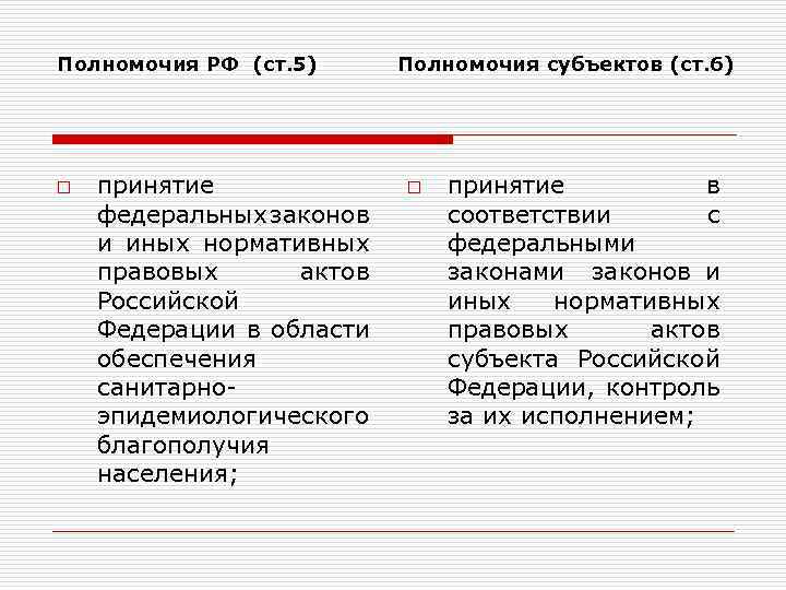 Полномочия РФ (ст. 5) Полномочия субъектов (ст. 6) o принятие федеральных законов и иных