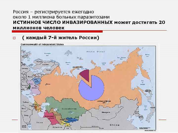 Россия – регистрируется ежегодно около 1 миллиона больных паразитозами ИСТИННОЕ ЧИСЛО ИНВАЗИРОВАННЫХ может достигать