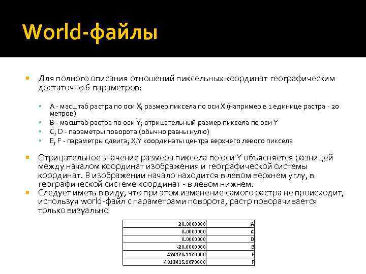 World-файлы Для полного описания отношений пиксельных координат географическим достаточно 6 параметров: A - масштаб