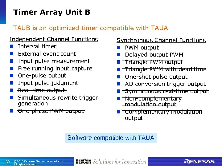 Timer Array Unit B TAUB is an optimized timer compatible with TAUA Independent Channel