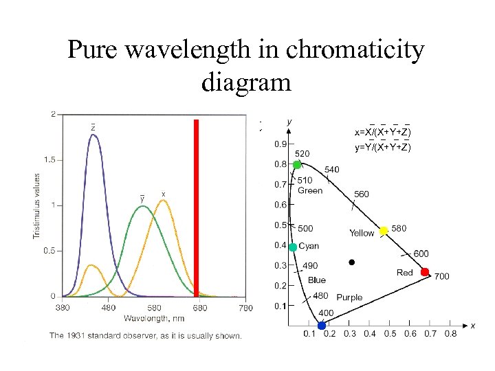 Pure wavelength in chromaticity diagram • Red: big x, but y is not null