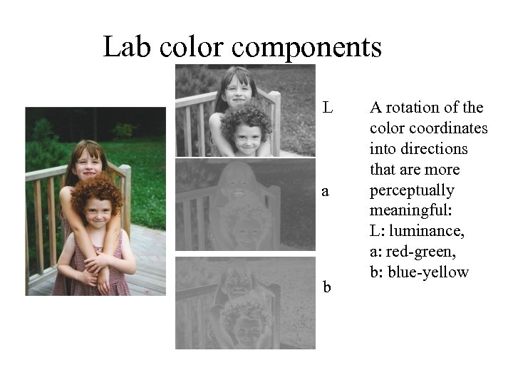 Lab color components L a b A rotation of the color coordinates into directions