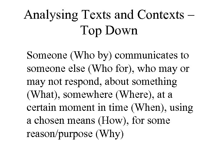 Analysing Texts and Contexts – Top Down Someone (Who by) communicates to someone else