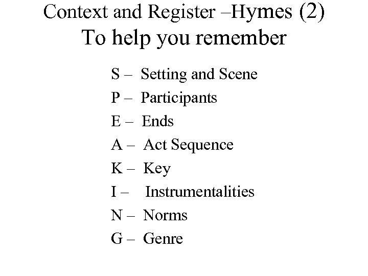 Context and Register –Hymes (2) To help you remember S– P– E– A– K–