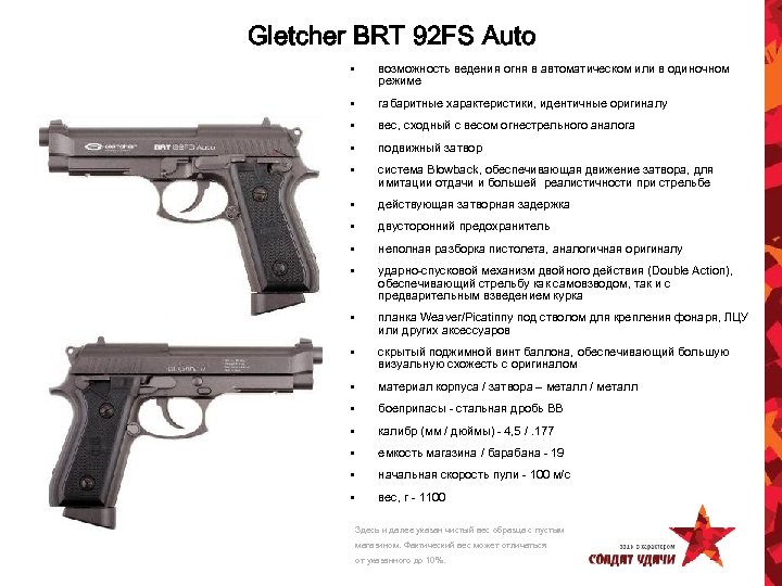 Gletcher BRT 92 FS Auto • возможность ведения огня в автоматическом или в одиночном