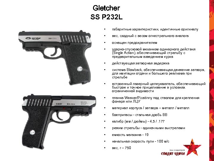 Gletcher SS P 232 L • габаритные характеристики, идентичные оригиналу • вес, сходный с