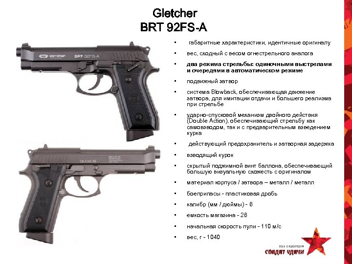 Gletcher BRT 92 FS-A • габаритные характеристики, идентичные оригиналу • вес, сходный с весом