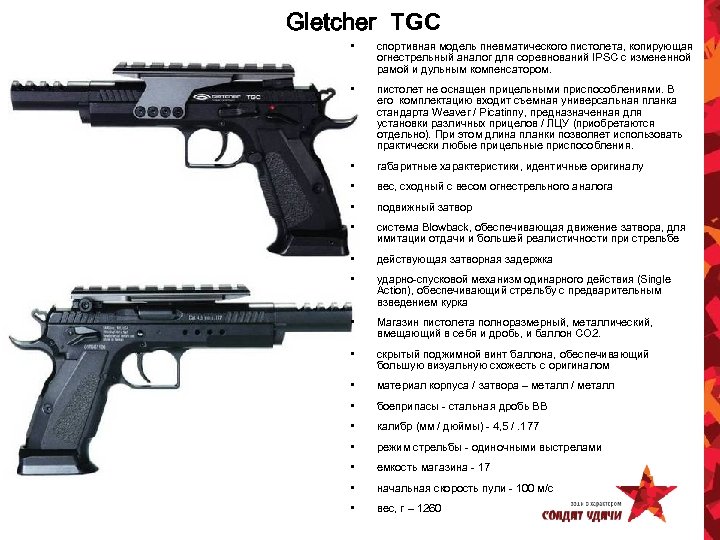 Gletcher TGC • спортивная модель пневматического пистолета, копирующая огнестрельный аналог для соревнований IPSC с