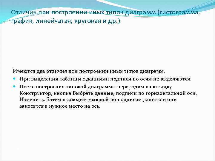 Отличия при построении иных типов диаграмм (гистограмма, график, линейчатая, круговая и др. ) Имеются