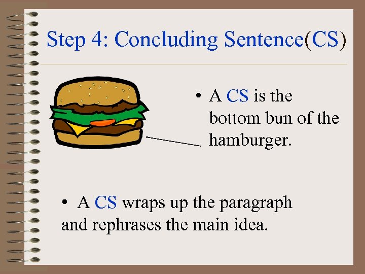 Step 4: Concluding Sentence(CS) • A CS is the bottom bun of the hamburger.