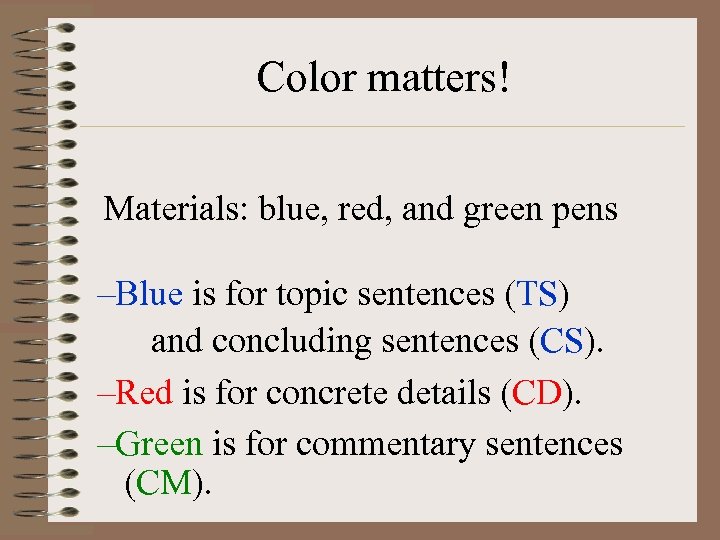 Color matters! Materials: blue, red, and green pens –Blue is for topic sentences (TS)