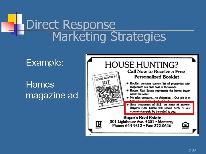 Direct Response Marketing Strategies Example: Homes magazine ad 2 -38 