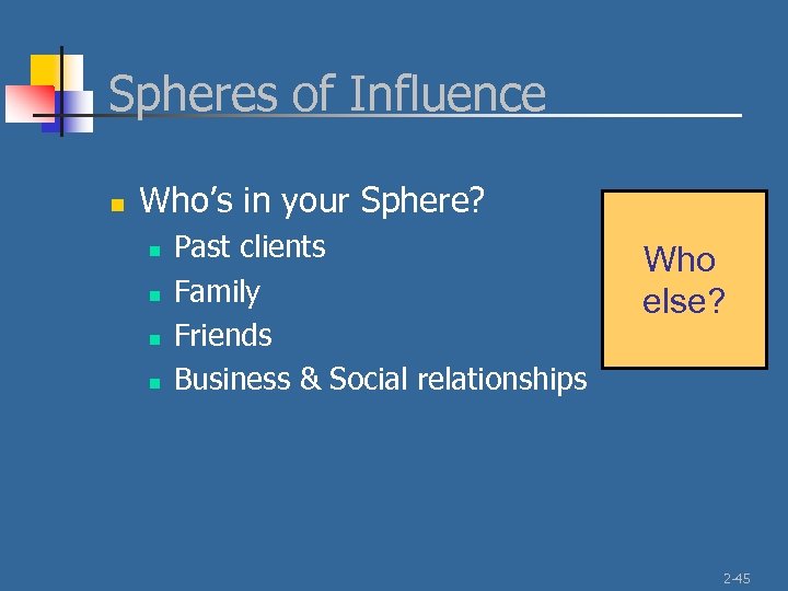 Spheres of Influence n Who’s in your Sphere? n n Past clients Family Friends