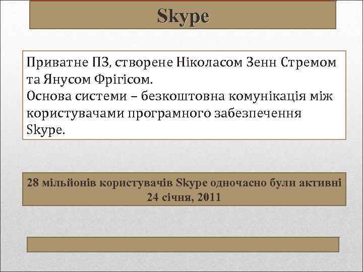 Skype Приватне ПЗ, створене Ніколасом Зенн Стремом та Янусом Фрігісом. Основа системи – безкоштовна