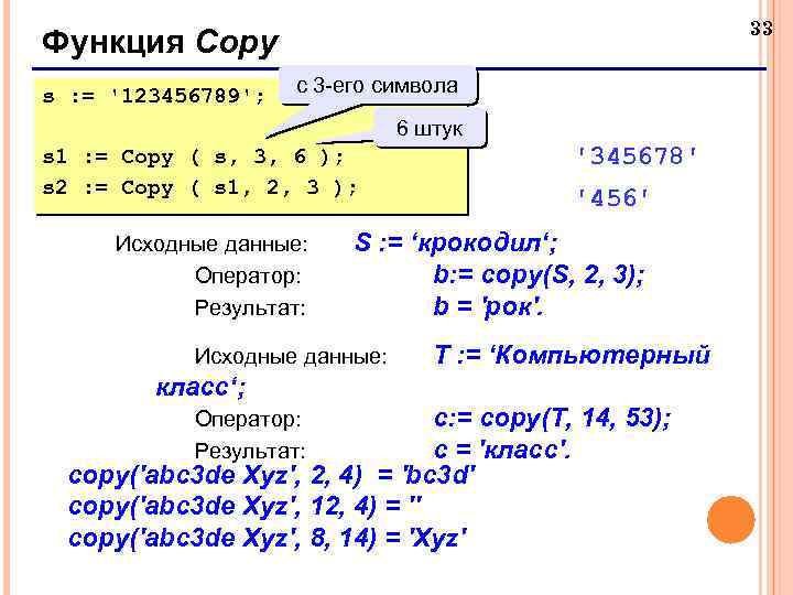 33 Функция Copy s : = '123456789'; с 3 -его символа 6 штук s