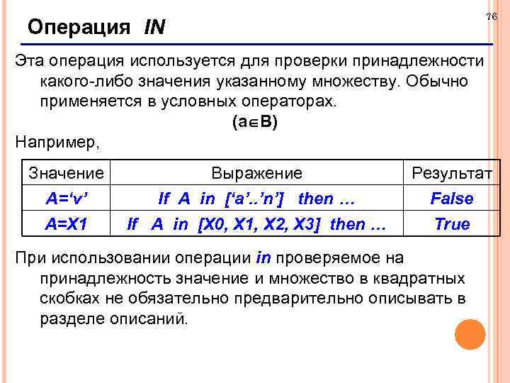 76 Операция IN Эта операция используется для проверки принадлежности какого-либо значения указанному множеству. Обычно