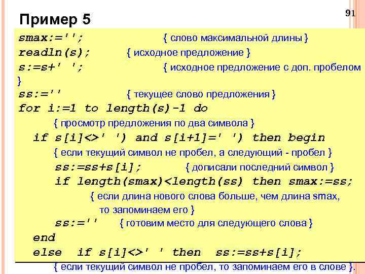 91 Пример 5 smax: =''; readln(s); s: =s+' '; { слово максимальной длины }