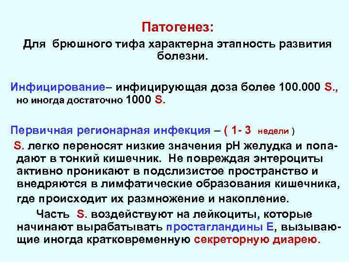 Патогенез: Для брюшного тифа характерна этапность развития болезни. Инфицирование– инфицирующая доза более 100. 000