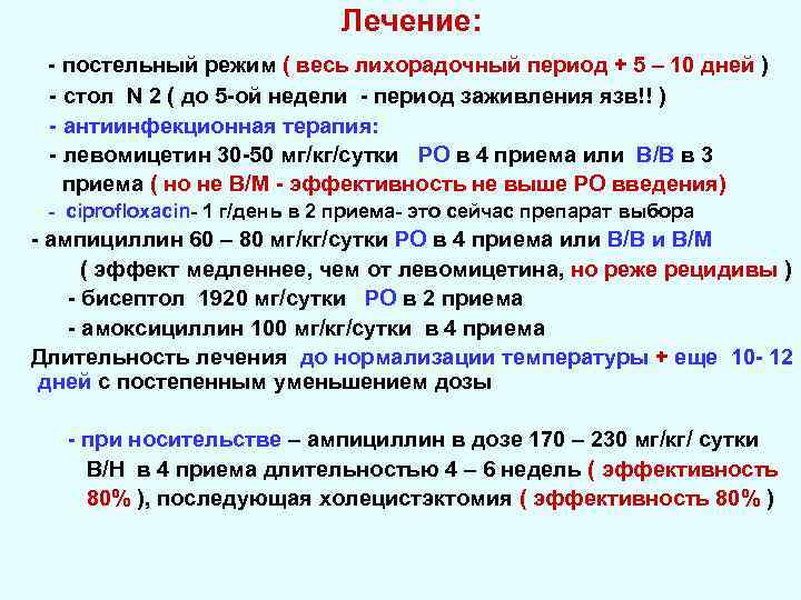 Лечение: - постельный режим ( весь лихорадочный период + 5 – 10 дней )