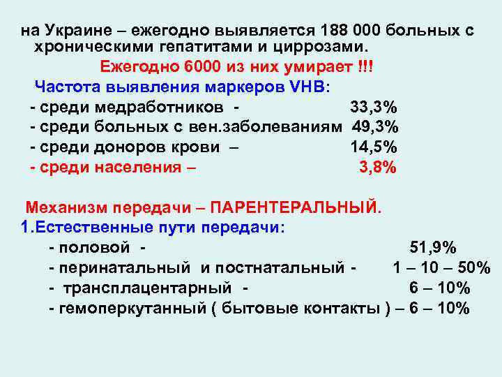 на Украине – ежегодно выявляется 188 000 больных с хроническими гепатитами и циррозами. Ежегодно