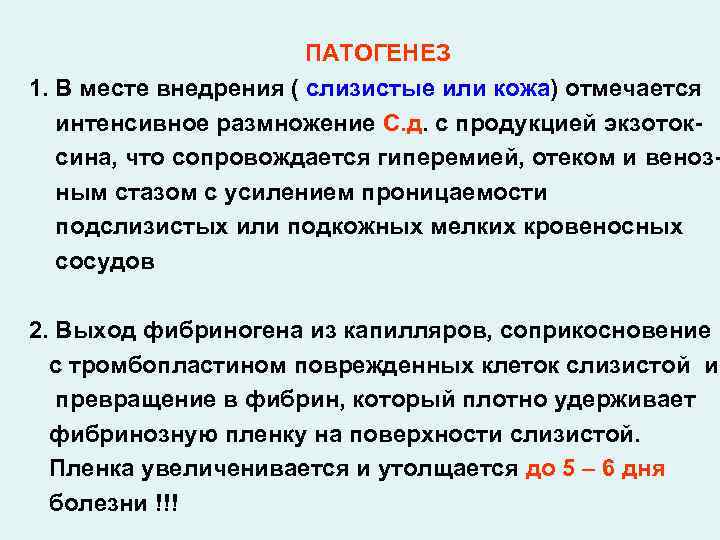 ПАТОГЕНЕЗ 1. В месте внедрения ( слизистые или кожа) отмечается интенсивное размножение С. д.