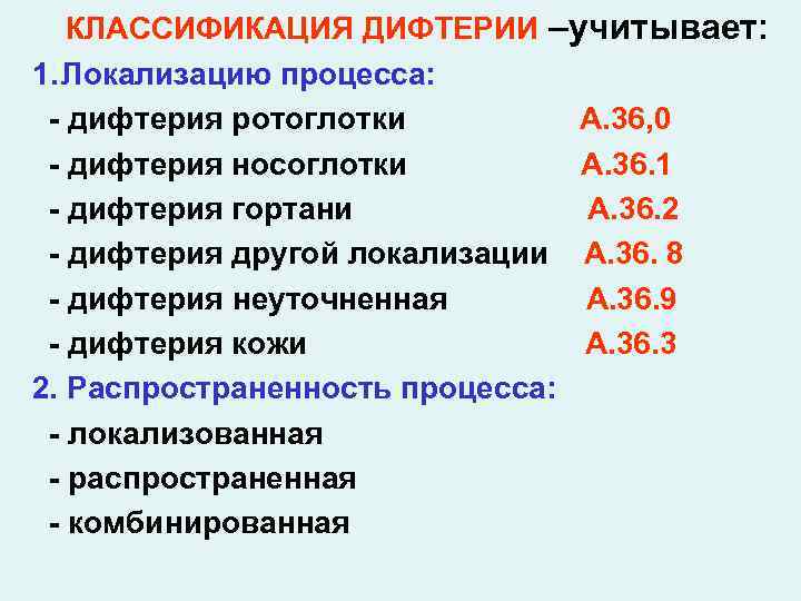 КЛАССИФИКАЦИЯ ДИФТЕРИИ –учитывает: 1. Локализацию процесса: - дифтерия ротоглотки А. 36, 0 - дифтерия