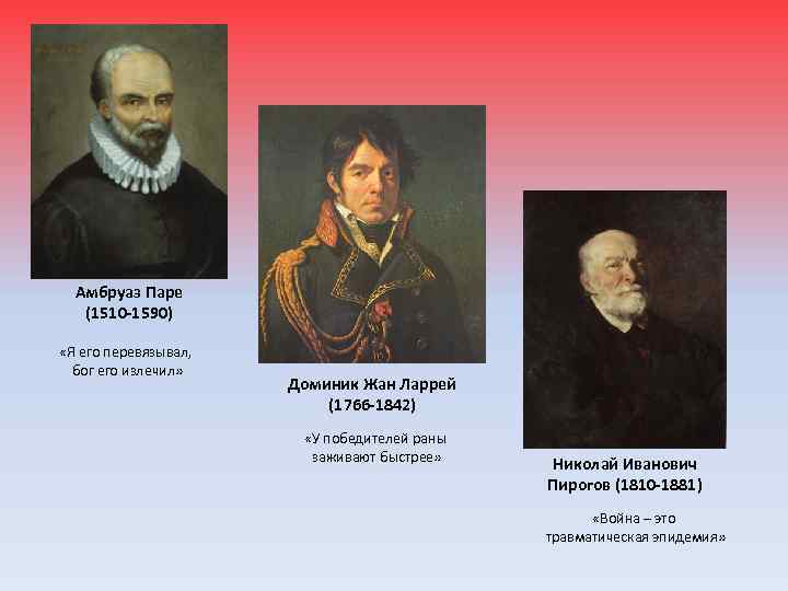 Амбруаз Паре (1510 -1590) «Я его перевязывал, бог его излечил» Доминик Жан Ларрей (1766