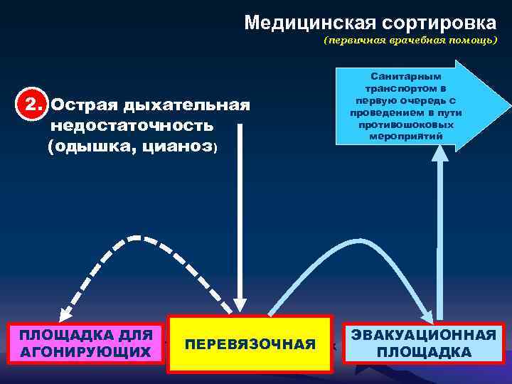 Медицинская сортировка (первичная врачебная помощь) 2. Острая дыхательная недостаточность (одышка, цианоз) ПЛОЩАДКА ДЛЯ АГОНИРУЮЩИХ