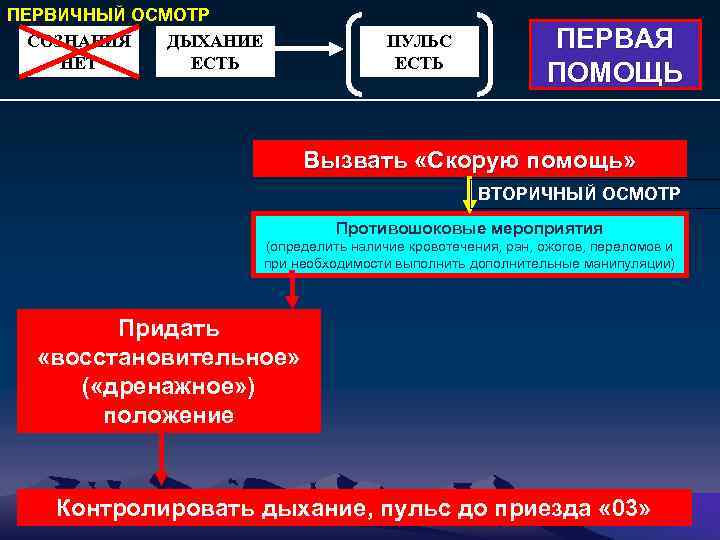 ПЕРВИЧНЫЙ ОСМОТР СОЗНАНИЯ ДЫХАНИЕ НЕТ ЕСТЬ ПУЛЬС ЕСТЬ ПЕРВАЯ ПОМОЩЬ Вызвать «Скорую помощь» ВТОРИЧНЫЙ