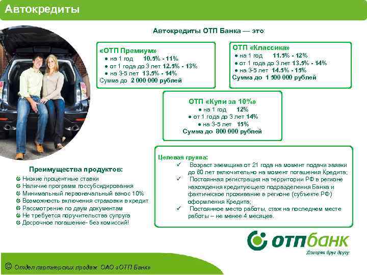 Автокредиты ОТП Банка — это: «ОТП Премиум» ● на 1 год 10. 5% -