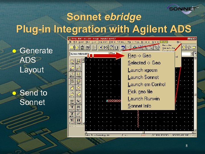 Sonnet ebridge Plug-in Integration with Agilent ADS l Generate ADS Layout l Send to
