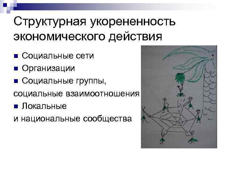 Структурная укорененность экономического действия Социальные сети n Организации n Социальные группы, социальные взаимоотношения n