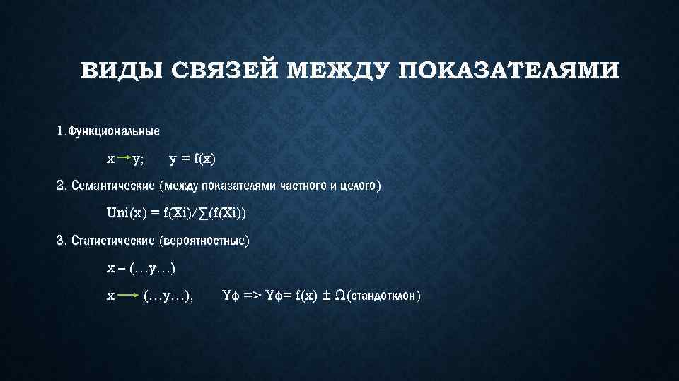 ВИДЫ СВЯЗЕЙ МЕЖДУ ПОКАЗАТЕЛЯМИ 1. Функциональные x y; y = f(x) 2. Семантические (между