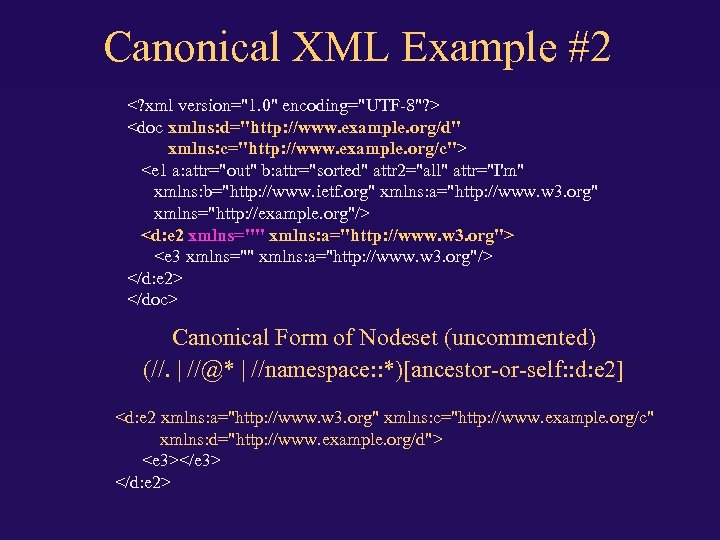 Canonical XML Example #2 <? xml version="1. 0" encoding="UTF-8"? > <doc xmlns: d="http: //www.
