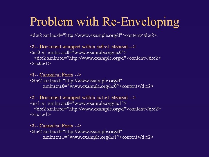 Problem with Re-Enveloping <d: e 2 xmlns: d="http: //www. example. org/d">content</d: e 2> <!--