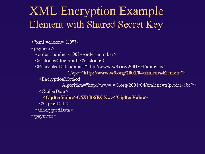 XML Encryption Example Element with Shared Secret Key <? xml version="1. 0"? > <payment>