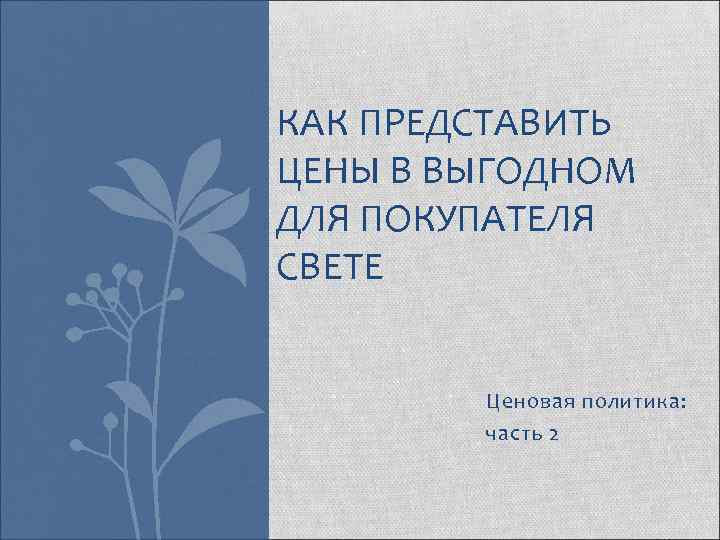 КАК ПРЕДСТАВИТЬ ЦЕНЫ В ВЫГОДНОМ ДЛЯ ПОКУПАТЕЛЯ СВЕТЕ Ценовая политика: часть 2 