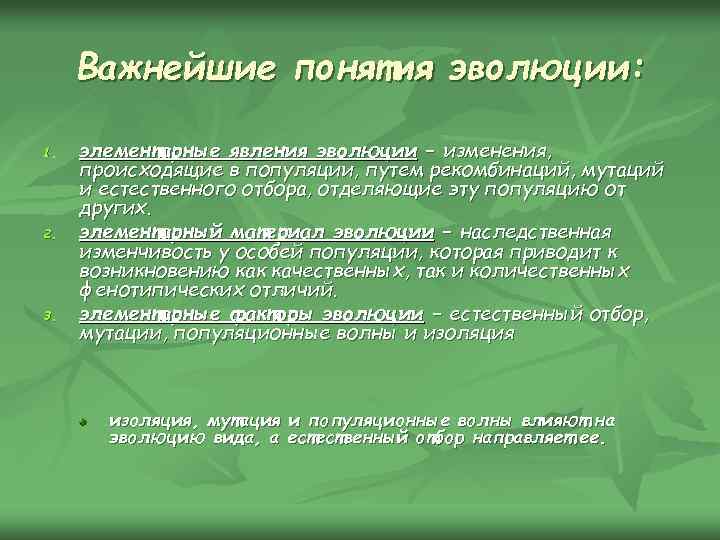 Важнейшие понятия эволюции: 1. 2. 3. элементарные явления эволюции – изменения, происходящие в популяции,