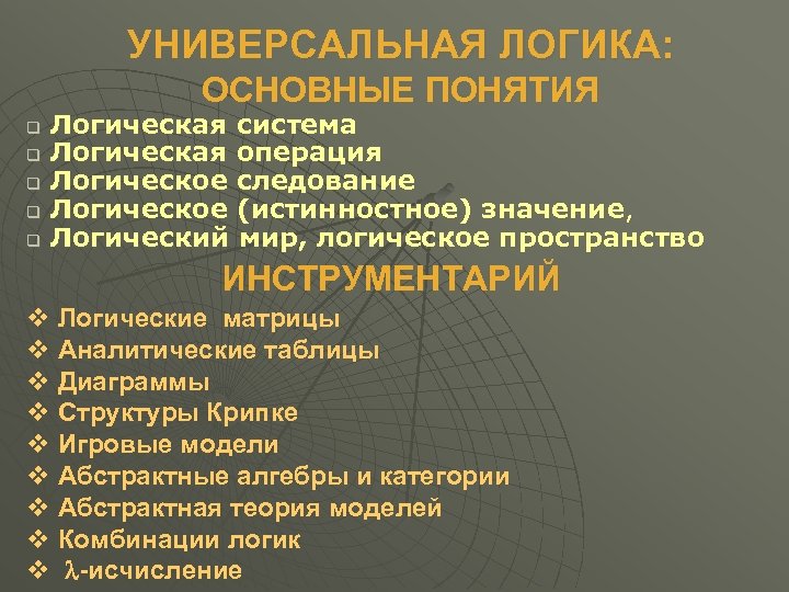 УНИВЕРСАЛЬНАЯ ЛОГИКА: ОСНОВНЫЕ ПОНЯТИЯ Логическая система q Логическая операция q Логическое следование q Логическое