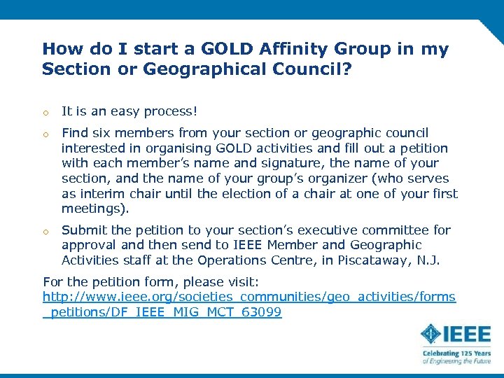 How do I start a GOLD Affinity Group in my Section or Geographical Council?