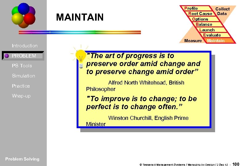 Profile Collect Root Cause Data Options Balance Launch Evaluate Measure Maintain MAINTAIN Introduction PROBLEM