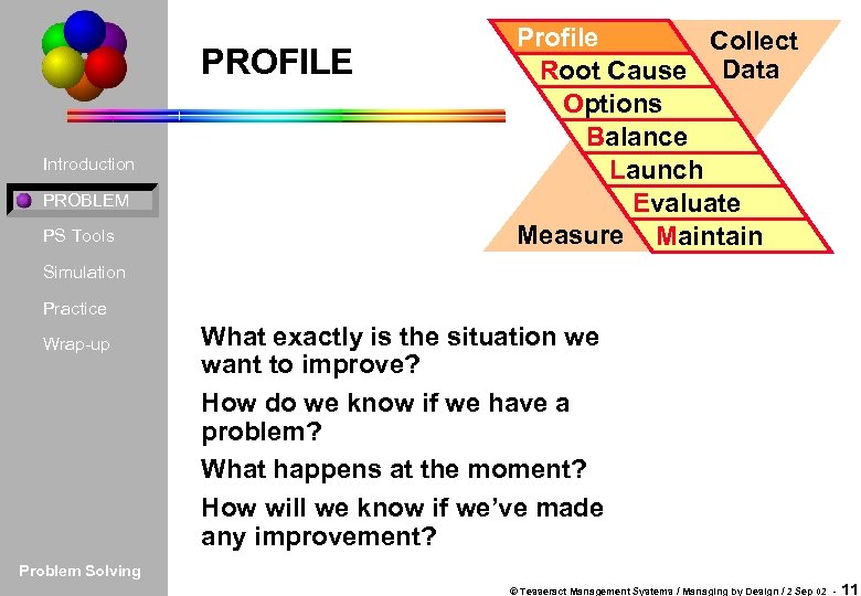 PROFILE Introduction PROBLEM PS Tools Profile Collect Root Cause Data Options Balance Launch Evaluate