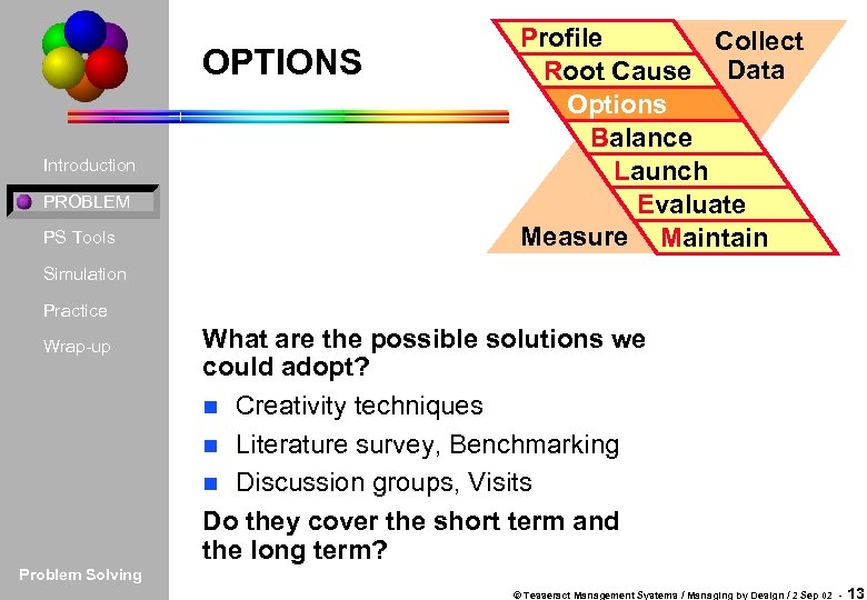 OPTIONS Introduction PROBLEM PS Tools Profile Collect Root Cause Data Options Balance Launch Evaluate