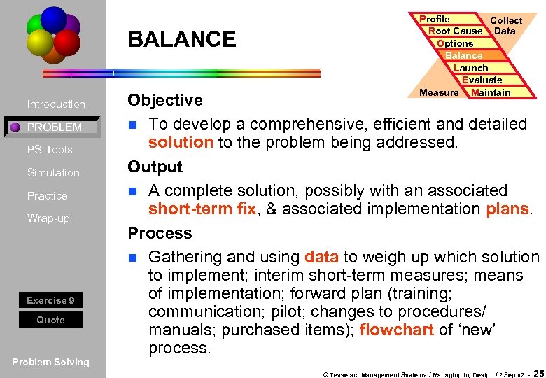 BALANCE Introduction PROBLEM PS Tools Simulation Practice Wrap-up Exercise 9 Quote Problem Solving Profile