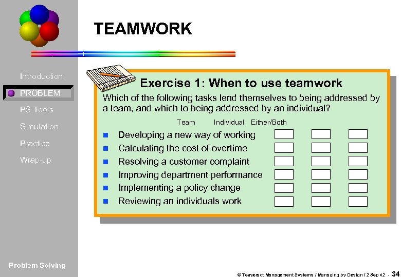 TEAMWORK Introduction PROBLEM PS Tools Exercise 1: When to use teamwork Which of the