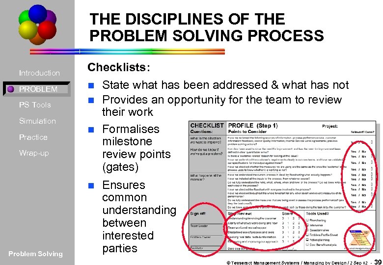 THE DISCIPLINES OF THE PROBLEM SOLVING PROCESS Introduction PROBLEM PS Tools Simulation Practice Wrap-up